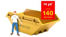 A man stands next to a large yellow skip labelled "HEARNDEN." A red sign reads "14 yd³, up to 140 bin bags.
