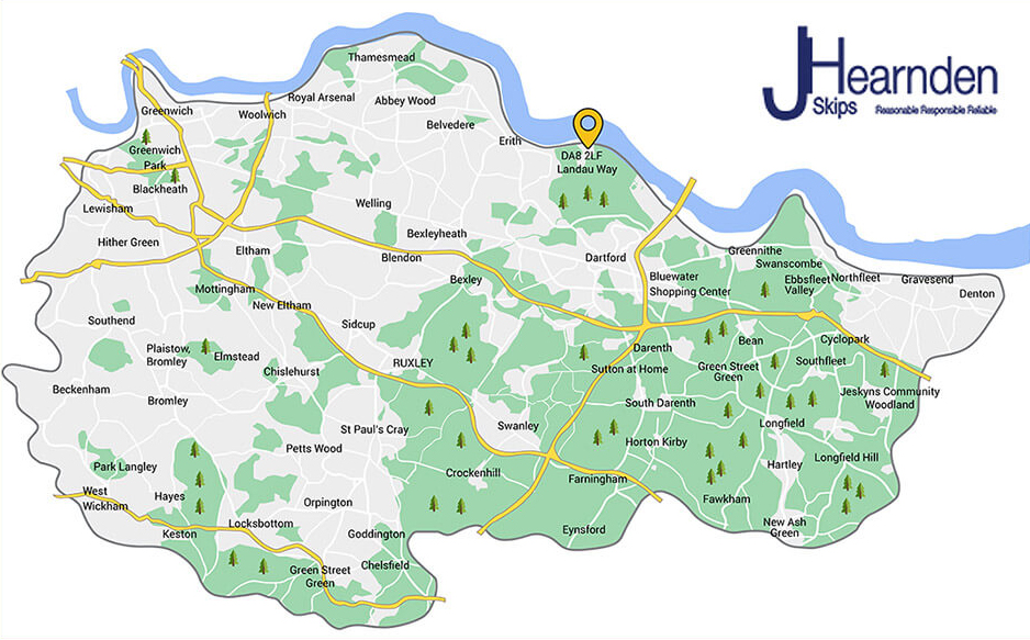 A map highlighting areas around Dartford, UK, with parks and towns labelled. A yellow marker pinpoints DA2 6LF, Landau Way. "J Hearnden Skips" logo is displayed in the top right corner.