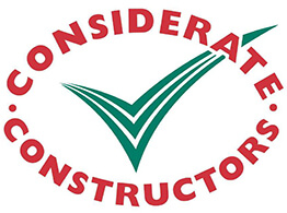 Logo with red text reading "Considerate Constructors" in an arc around a large green tick.