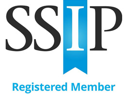 SSIP logo with large black letters "SSIP" and a blue vertical ribbon behind the letter "I." Below the logo, blue text reads "Registered Member.