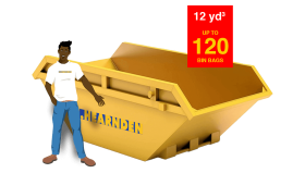 Illustration of a person standing next to a large yellow skip labelled "HEARNDEN," with a red sign stating "12 yd³, up to 120 bin bags.